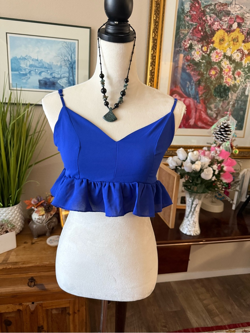Women's Royal Blue Ruffle Hem Spaghetti Strap Crop Top
